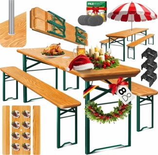 KESSER® Bierzeltgarnitur, 3-teilig, Klappbar, Holz / Stahl grün, Hellbraun, 170 x 46 x 75 cm