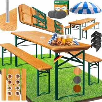 KESSER® Bierzeltgarnitur, 3-teilig, Klappbar, Holz / Stahl grün, Hellbraun, 170 x 46 x 75 cm