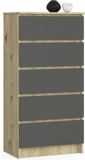 Kommode K60 mit 5 Schubladen | für das Wohnzimmer Schlafzimmer Schrank Büro Arbeitszimmer | Modernes Funktionales Design | B60 x H121 x T40 cm, Gewicht 39kg | Handwerkliche Eiche