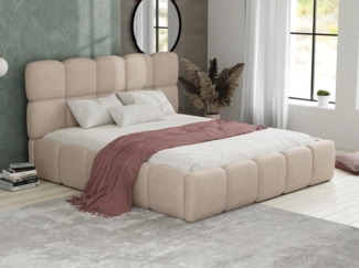 Vente-unique - Bett mit Bettkasten & Bettkopfteil - 160 x 200 cm - Bouclé-Stoff - Beige - DAMADO von Pascal Morabito