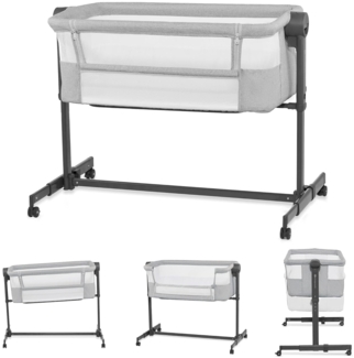 Kinderkraft Neste UP2 Beistellbett 2 in 1, Kinderreisebett mit Matratze Laken, 5-stufige Matratzenhöhenverstellung, 4 Rädern mit Bremse, Weichen Material, Leichte Konstruktion, Grau
