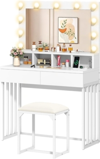 YITAHOME Schminktisch mit Beleuchtung, Schminktisch mit Spiegel und Hocker 3 Farben mit Einstellbarer Helligkeit, Kosmetiktisch mit 2 Schubladen Ladestation Frisiertisch mit Spiegel Kosmetiktisch Weiß