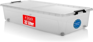 BigDean 4 Stück Unterbett Aufbewahrungsbox 32 L luftdicht & mit Rollen aus widerstandsfähigem Kunststoff – Unterbettkommode für Kleidung, Spielzeug u.v.m – Aufbewahrungsbox Made in Europe