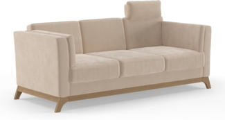 Cavadore 3er-Sofa Vida / 3-Sitzer Couch im trendigen Design mit massivem Holzrahmen in Buche, Kopfstütze mit Kuschelkissen / 213 x 84 x 93 / Mikrofaser, Hellbraun-Beige