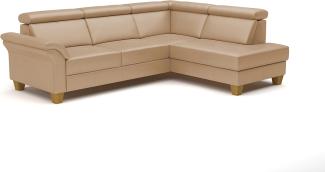 CAVADORE Leder-Schlafsofa Ammerland mit Ottomane / Landhaus-Sofa mit Federkern, Bett, Bettkasten + Kopfteilverstellung / 245 x 84 x 194 / Leder Beige