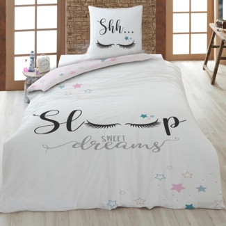 Bettwäsche für Teenager Mädchen 135x200 + 80x80 cm rosa Motiv Sleep & Sweet Dreams aus 100% Baumwolle