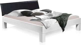 Möbel-Eins LUKY 4-Fuß-Bett mit Polster-Kopfteil, Material Massivholz, Fichte massiv weiss 140 x 200 cm Kunstleder Schwarz