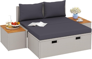 Outsunny Gartenliege mit Fußhocker, Stauraum, Schirmloch, Doppelliege für 2 Personen, 2 St, Polyrattan Sonnenliege, 320kg Belastbar, für Garten, 125 x 114 x 72,5 cm, Grau