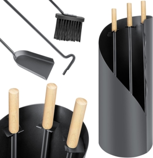KESSER® Kaminbesteck Set 4-teiliges Kaminzubehör – Modern Design, beschichtet, Hochwertige Kamingarnitur aus 4 Teilen: Besen, Schaufel, Schürhaken, Ständer Stahl Edelstahlgriffe Anthrazit