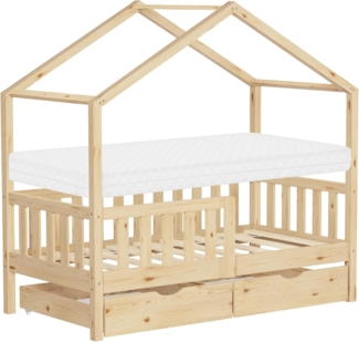 ML-DESIGN Spielbett Hausbett Kinderbett inkl. 2 Schubladen, Lattenrost und Rausfallschutz, Abenteuerbett 70x140 cm mit Matratze Himmelbett Kiefer Jugendbett Natur