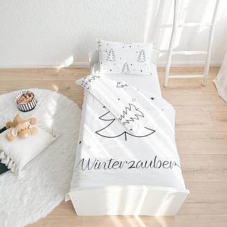 MTOnlinehandel Kinderbettwäsche Weihnachten "Winterzauber" Babybettwäsche mit Tannenbaum und Sternen, Biber, 2 teilig, 100 % Baumwolle in Biber, 100x135 + 40x60 cm 2 tlg.