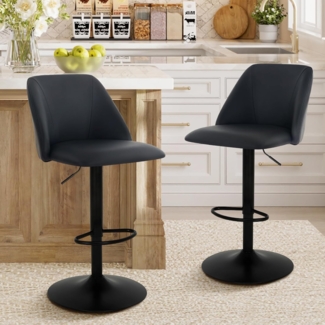 COLAMY 360° Drehbarer Höhenverstellbarer Barhocker 2er Set, Moderne Kücheninsel Barstühle mit Rückenlehne, PU-Kunstleder Barstühle mit Fußstütze – Geeignet für Küche, Bar, Esszimmer, Büro, Schwarz