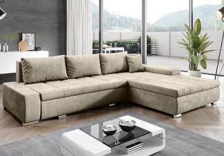 FURNIX Ecksofa Tommaso mit Schlaffunktion und Bettkasten - Couch Sofa mit Kissen - L-Form Sofa, Stellfüße in Chromoptik - B297 x T210 x H85 cm, Liegefläche 255 x 150 cm - MH04 (beige)