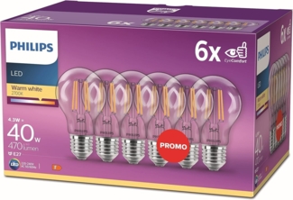 Philips LED Classic E27 Filament Lampen 6-er Pack (40 W), LED Lampen mit warmweißem Licht, energiesparende LED Beleuchtung mit langer Nutzlebensdauer