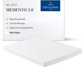 Villeroy & Boch WC-Sitz Memento 2.0 - Toilettendeckel Weiß glänzend mit Absenkautomatik - Abnehmbarer, bruchsicherer Toilettensitz aus Duroplast - Rechteckiger Klodeckel - Original Ersatzteil