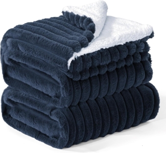 BEDELITE Kuscheldecke Flauschig Decke Groß - Dicke XXL Sherpa Decken Blau 220x240 für Bett, warme Cord Kuscheldecken Dunkelblau weiche Fleecedecke Wohndecke als Tagesdecke für Schlafzimmer