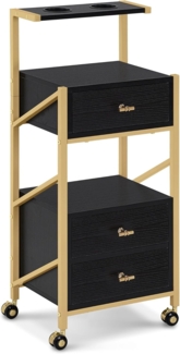 M MCombo Friseurwagen mit Rollen & 3 Schubladen, Rollwagen Servierwagen Schwarz-Gold, Salon Trolley mit 2 Ablagen & 2 Föhnhalter, Moderner Arbeitswagen für Bad Wohnzimmer, 30x40x97cm, 0048