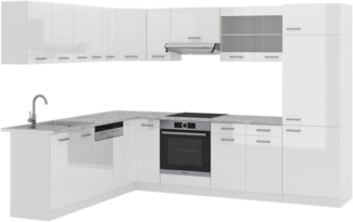 Eckküche R-Line Weiß Hochglanz/Weiß 287 x 46 cm ohne Arbeitsplatte Vicco