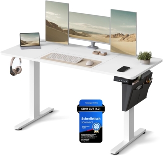 Songmics Höhenverstellbarer Schreibtisch elektrisch, 60x140 x (72-120) cm, Verstellbarer Tisch, Memory-Funktion für 4 Höhen, für Homeoffice, Arbeitszimmer, wolkenweiß