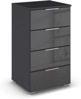 Rauch Möbel Mars Kommode, Nachttisch, Schubladenkommode, Aufbewahrungsschrank, Nachtschrank für Boxspringbett, 4 Schubladen mit Glasfront, Farbe Grau metallic, Schwarz, 47 x 81 x 42 cm