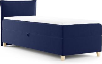 Boxspringbett Fren Mini mit Bettkasten - Einzelbett mit Bonell-Matratze und Topper, Polsterbett mit Holzfüße, Bett, Kinderzimmer (Dunkelblau (Kronos 09), 80 x 200 cm)