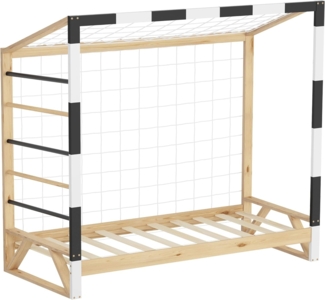 ML-DESIGN Spielbett Kinderbett Fußballtor Holzbett mit Lattenrost Kletterleiter & Netz, Abenteuerbett 80x160 cm Beige für Kinder aus Kiefernholz
