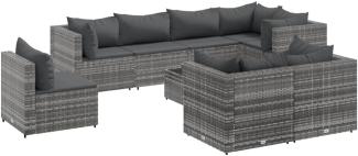 9-tlg. Garten-Lounge-Set mit Kissen Grau Poly Rattan