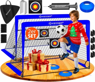 KESSER Pop-Up Fußballtor, 2er Set, mit Transporttasche, 6x Hütchen, Ballpumpe & Zielscheibe, Glasfaserstangen, 120x90 cm, Blau