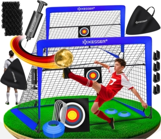 KESSER Pop-Up Fußballtor, 2er Set, mit Transporttasche, 6x Hütchen, Ballpumpe & Zielscheibe, Glasfaserstangen, 120x90 cm, Blau