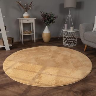 Paco Home Hochflor Teppich Wohnzimmer Flauschig Fellteppich Kunstfell Plüsch Shaggy Weich Fellimitat, Grösse:160 cm Rund, Farbe:Gelb