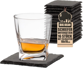 BigDean Schiefer-Untersetzer Set 16 teilig 10x10 cm quadratische Tisch-Untersetzer Servierplatten - 4 Gummifüße zum Schutz