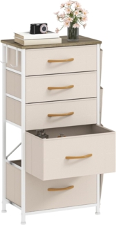 DWVO Kommode mit 5 Schubladen, langlebiger Schrank mit Haken & Seitentaschen, Stoffschubladen mit Griffen, Robustes Metallgestell, Beige