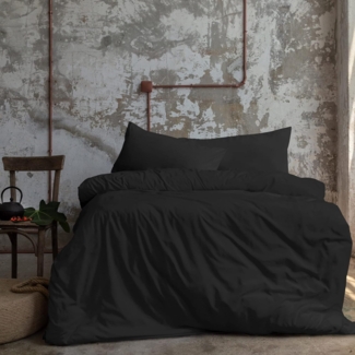 Komfortec Premium Bettwäsche 200x200 mit 2 Kissenbezug 40x80 cm Set aus Gebürstetes Mikrofaser - Schwarz