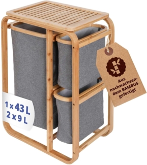 Lumaland Wäschekorb aus Bambus mit 3 ausziehbaren Wäschesäcken - Größe: Höhe 71 cm x Breite 50 cm x Tiefe 33 cm- Farbe Dunkelgrau