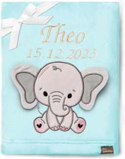 Be Mammy Personalisierte Babydecke mit 3D Applikation Warme Kuscheldecke mit Namen und Geburtsdatum; Perfektes Baby Geschenk; Blanket; Krabbeldecke BE20-280 (Puderblau - Elefant)