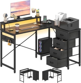 YITAHOME Schreibtisch, Reversible Eckschreibtisch mit 4 Schubladen, Schreibtisch L Form mit 2 Steckdosen und 2 USB Ladeanschluss, Bürotisch L Form mit LED,130x100 cm Ecktisch mit Monitorablage Schwarz