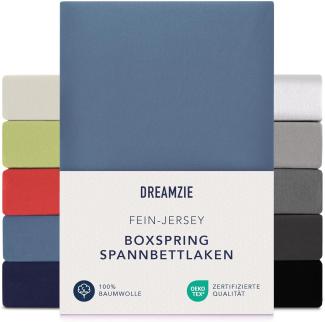 Dreamzie Premium Spannbettlaken 140x200 cm - 160x200 cm - 37cm Steg - auch für Boxspringbett & Wasserbett - Bettlaken Boxspringbett 100% Jersey Baumwolle, 150 g/m² - Oeko-TEX - Blau