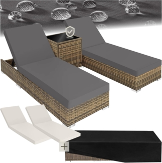 tectake 2er Lounge Sonnenliegen Set Plus Tisch – inkl. 2 Bezugsets und Schutzhülle, Outdoor Poly Rattan Gartenmöbel Set, 2X Gartenliege wetterfest - Natur