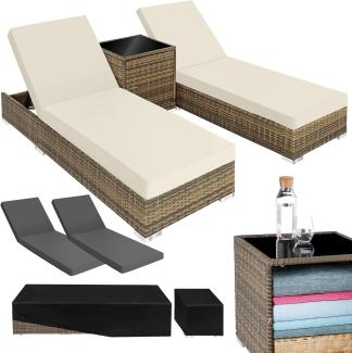 tectake 2er Lounge Sonnenliegen Set Plus Tisch – inkl. 2 Bezugsets und Schutzhülle, Outdoor Poly Rattan Gartenmöbel Set, 2X Gartenliege wetterfest - Natur