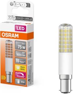 OSRAM LED T Slim schlanke multicolor LED-Lampe aus Kunststoff mit B15d-Sockel, T-Form, 8 W / 1055 lm, klar, warmweißes Licht mit 2700 K, dimmbar, 18 mm Durchmesser, CRI 80.