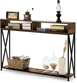 COSTWAY 2 Ebenen Konsolentisch mit offnen Fächern, Flurtisch aus Holz, Standregal, Beistelltisch für Eingang, Wohnzimmer und Schlafzimmer, 120 x 23 x 79 cm (Braun)