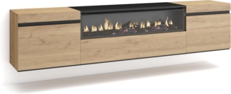 Skraut Home | TV-Schrank, Lowboard | für Wohnzimmer und Esszimmer | 200 x 45 x 35 cm | Für TV-Geräte bis zu 80" | Elektrokamin. Maße | Hängend | Moderner Stil | Eiche Schwarz