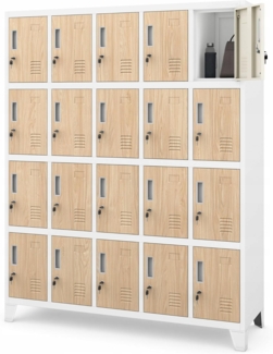 Jan Nowak Umkleideschrank 5B4A Fächerschrank Schließfachschrank mit 20 Fächern Wertfachschrank Metall Pulverbeschichtung 172 x 136 x 45 cm (H x B x T) (Weiß-Holz)