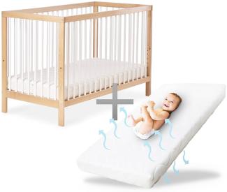 Ehrenkind® Babybett PUR inkl. Matratze 120x60 aus Natur Buchenholz | Kinderbett 9-Fach höhenverstellbar mit entnehmbaren Stangen