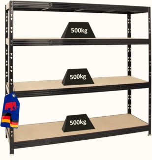 PROREGAL Profi Schwerlastregal Rhino EXTRA BREIT schwarz HxBxT 180 x 200 x 60 cm Fachlast 500kg 4X Spanplatten-Ebenen 16mm Garagenregal, Lagerregal, Steckregal, Weitspannregal