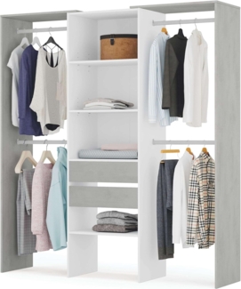 Habitdesign, offener Kleiderschrank mit 2 Schubladen – modernes Garderobensystem mit Kleiderstangen und Einlegeböden, in Artik weiß und Zementgrau, Maße: 179 x 202 x 50 cm (B x H x T), Modell Tidy