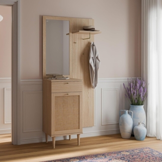 Forte CALASETTA Garderobe 90, 1 Schubladen, 1 Tür, mit Spiegel, Kleiderstange und Ablageflächen, Holzwerkstoff, Elegancia Eiche Holzdekor | Technorattan, 90,4 cm breit x 198 cm hoch x 41,4 cm tief