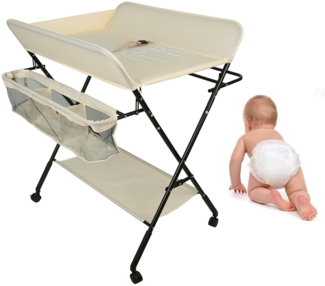 Homewell Baby Wickelkombi Wickelkommode, Mobile Wickeltisch Klappbar, mit Wickelauflage, Sicherheitsgurt, Ablagefächern, süßem Muster und Höhenangabe, Stabil und Bequem (Creme)