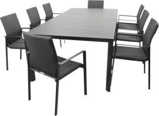 DEGAMO Garten-Essgruppe LAGOS XL, (9-tlg, 8x Stapelsessel, 1x Ausziehtisch), Alu anthrazit, Stapelsessel, Tisch mit Seitenauszug 195/255x120cm