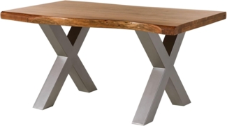 Massivmoebel24 Baumkantentisch FREEFORM (Baumtisch Akazie 140x90x77 Akazie natur / X-Beine silber FREEFORM 5), Baumtisch Akazie 140x90x77 Akazie natur / X-Beine silber FREEFORM 5